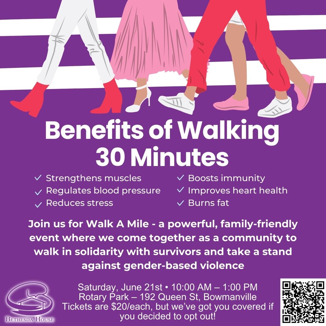 Walk A Mile: to stand with survivors &amp; say NO to gender-based violence. 
After the walk: FREE food, games, face painting, mascots, prizes &amp; more!
📲 Register now: loom.ly/aby1w0
#WalkAMile #BethesdaHouse #EndGBV #CommunityPower #DurhamRegion #FamilyEvent #WalkForChange