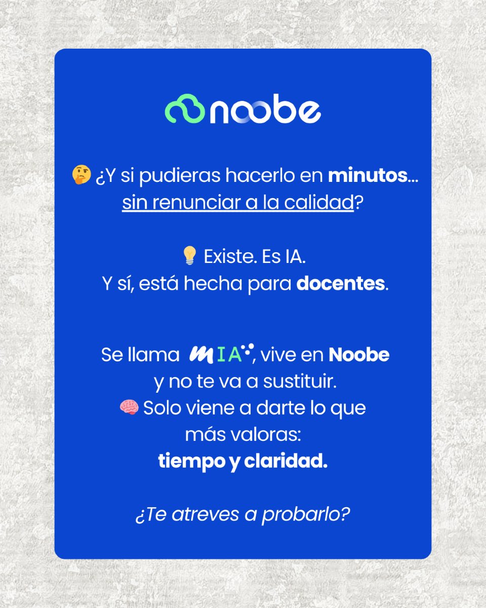 📋 El test que nadie quiere hacer…
💭 ¿Cuánto tiempo dedicas a programar cada trimestre?
¿Y si te dijéramos que puedes hacerlo en minutos… y sin renunciar a la calidad?
🧠 Se llama MIA. Vive en Noobe. Y viene a devolverte lo que más valoras: tiempo y claridad.
