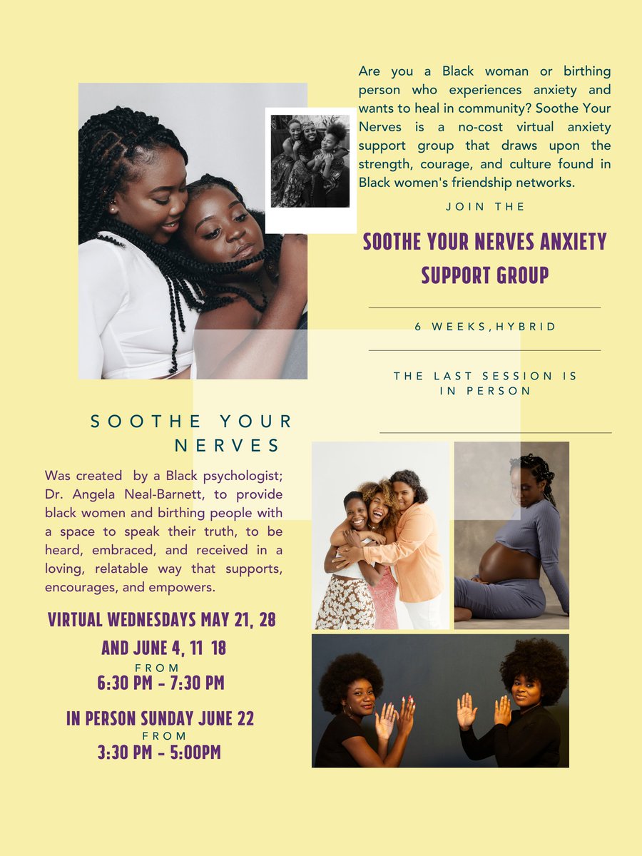 We have a few open spots left in our summer edition of the Soothe Your Nerves Anxiety Support Group! Virtual sessions start tomorrow: Wednesday, May 21 at 6:30 pm via Zoom.

Register today! Link: ow.ly/Lcsi50VVuXY

#BlackMamasATX #BMATX #BlackMaternalMentalHealth