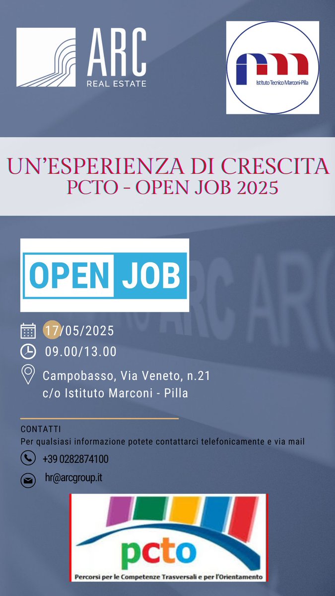 ARC_RealEstate's tweet photo. 🎓 ARC partecipa al progetto #PCTO con l’Istituto Marconi-Pilla di Campobasso e aderisce a #OpenJob! Offriamo a giovani studenti percorsi concreti per sviluppare competenze e affrontare il mondo del lavoro. Invia il tuo CV a hr@arcgroup.it
#GiovaniTalenti #Formazione https://t.co/VQYvVcMZLK