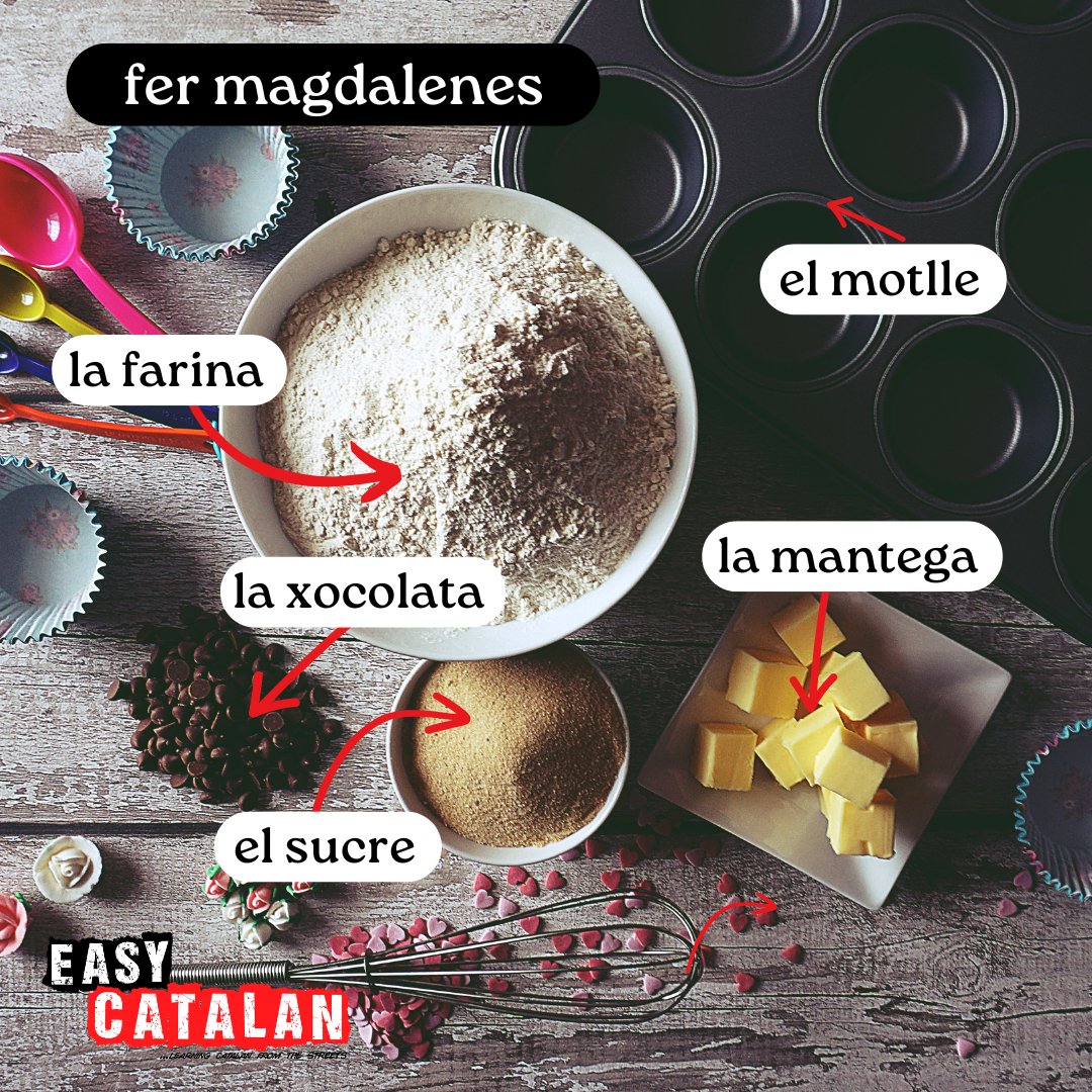 Has fet mai magdalenes a casa? 🧁

VOCABULARI 📝
fer magdalenes / hacer madalenas / to make cupcakes
la farina / harina / flour
el motlle / molde / mould
la xocolata / chocolate / chocolate
la mantega / mantequilla / butter
el sucre / azúcar / sugar