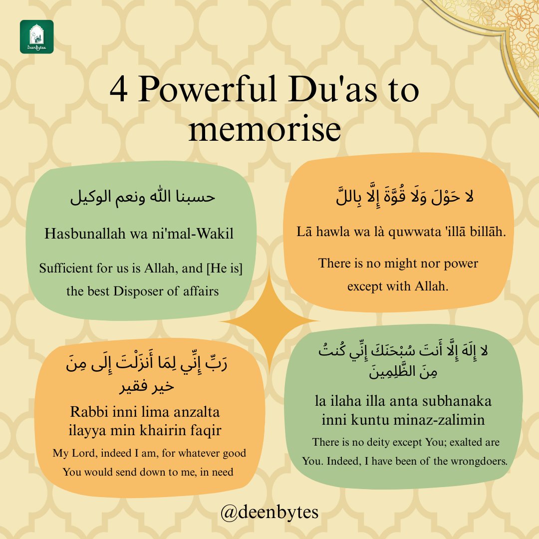 Deenbytes's tweet photo. 4 Du'as every soul should carry. ๐คฒ
When you can't speak the pain, let your heart speak through Du'a.
Save these. Share with a friend. Let the remembrance flow.
#DeenBytes #Dua #IslamicReminder #MuslimTwitter #Sabr #Tawakkul #Quran https://t.co/bsfgkA2a26