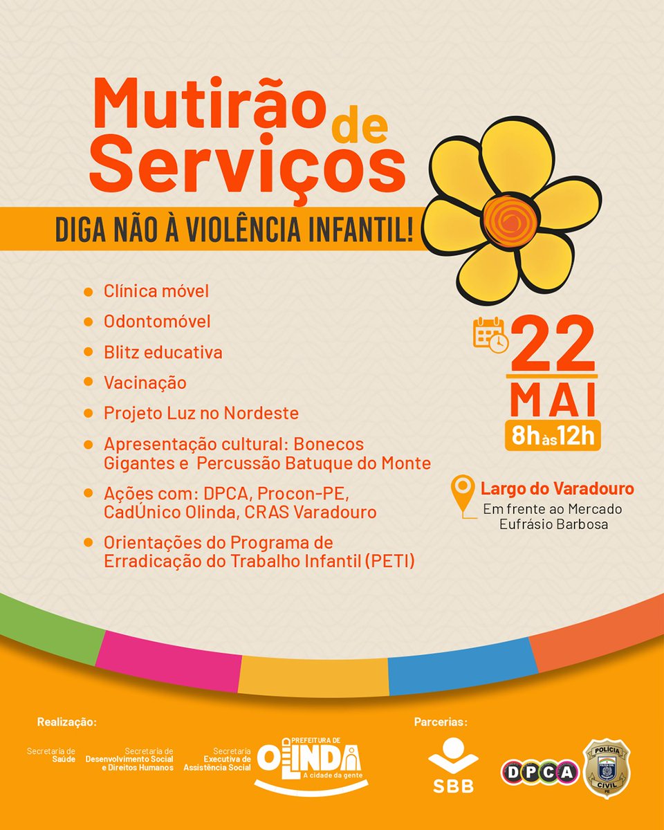 🌼 Olha só o que vai rolar nessa semana!

No dia 22(quinta-feira) de maio, das 8h às 12h, tem Mutirão de Serviços no Largo do Varadouro (em frente ao Mercado Eufrásio Barbosa) com muita ação e cuidado pra você e sua família!

💉 Vacinação
🦷 Odontomóvel
🩺 Clínica móvel
📚 Blitz