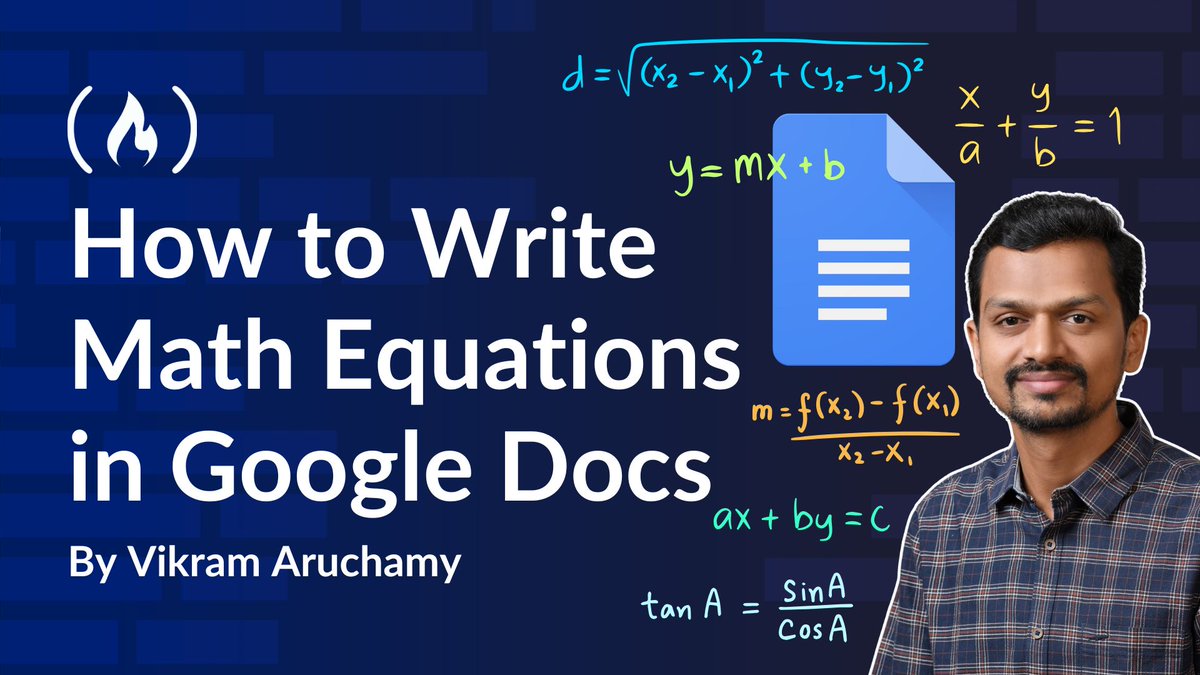 freeCodeCamp.org (@freecodecamp) on Twitter photo Sometimes you may need to use math equations in Google Docs.
And in this tutorial, <a href="/vikramaruchamy/">Vikram Aruchamy</a> shows you how.
You'll learn how to use Google Doc's built-in editor, type LaTeX in directly, insert equations with the Auto-LaTeX add-on, & more.
freecodecamp.org/news/write-mat… Sometimes you may need to use math equations in Google Docs.
And in this tutorial, <a href="/vikramaruchamy/">Vikram Aruchamy</a> shows you how.
You'll learn how to use Google Doc's built-in editor, type LaTeX in directly, insert equations with the Auto-LaTeX add-on, & more.
freecodecamp.org/news/write-mat…