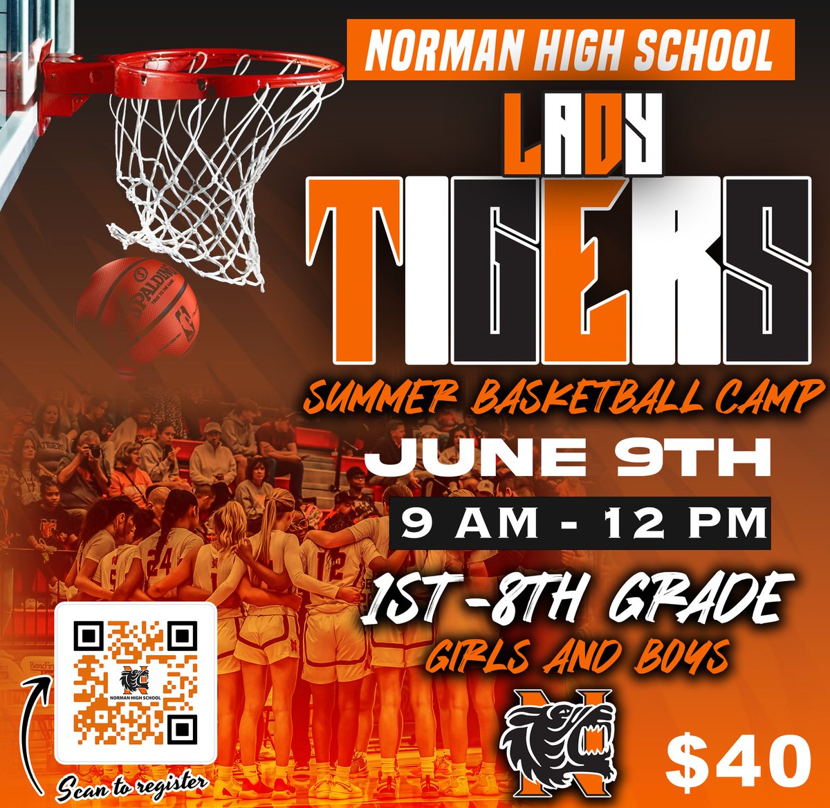 Norman High Girls Basketball (@nhswbb) on Twitter photo 🗣 ATTENTION: <a href="/NHSWBB/">Norman High Girls Basketball</a> will be hosting a 1 day Kids Camp on June 9th at the Young Family Athletic Center!! (YFAC) Boys and Girls are welcome!! ⛹️♀️⛹️♂️ Scan the QR code to register!! See you there!! 🧡🖤🐯 🗣 ATTENTION: <a href="/NHSWBB/">Norman High Girls Basketball</a> will be hosting a 1 day Kids Camp on June 9th at the Young Family Athletic Center!! (YFAC) Boys and Girls are welcome!! ⛹️♀️⛹️♂️ Scan the QR code to register!! See you there!! 🧡🖤🐯