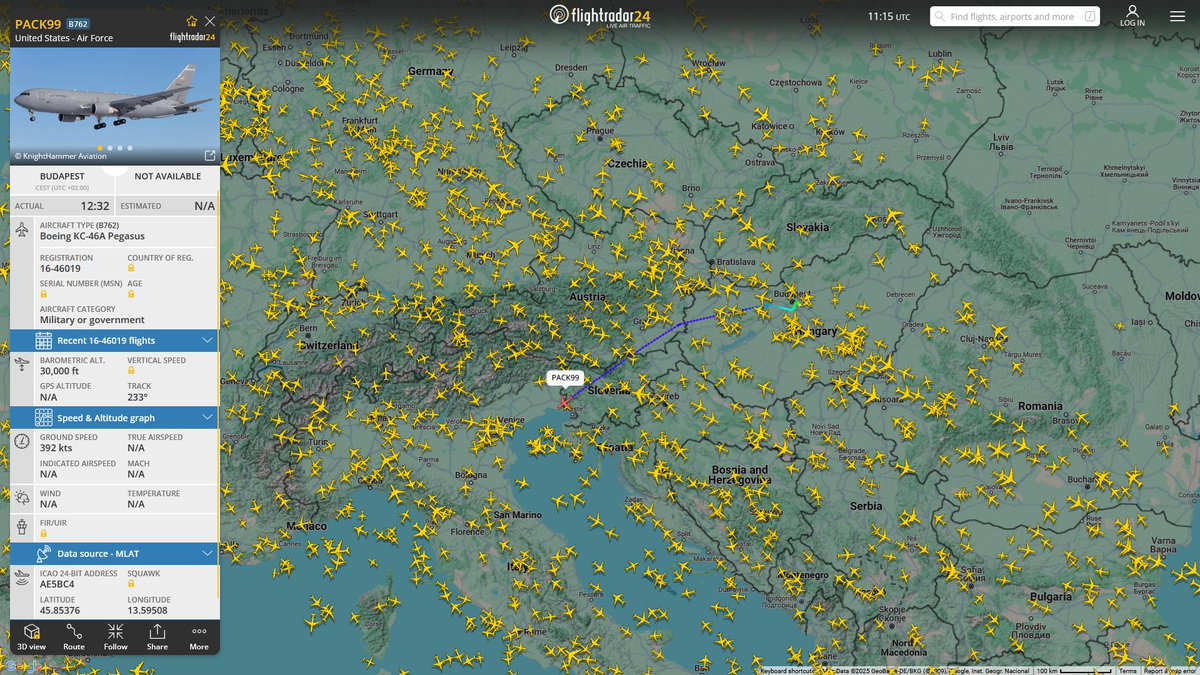 AIYeyENGDdJkjTr's tweet image. May 20, 2025
#Kecskemét Air Base, Hungary ==&amp;gt; #Adriatic Sea

#PACK99 #AE5BC4 USAF KC-46A Pegasus