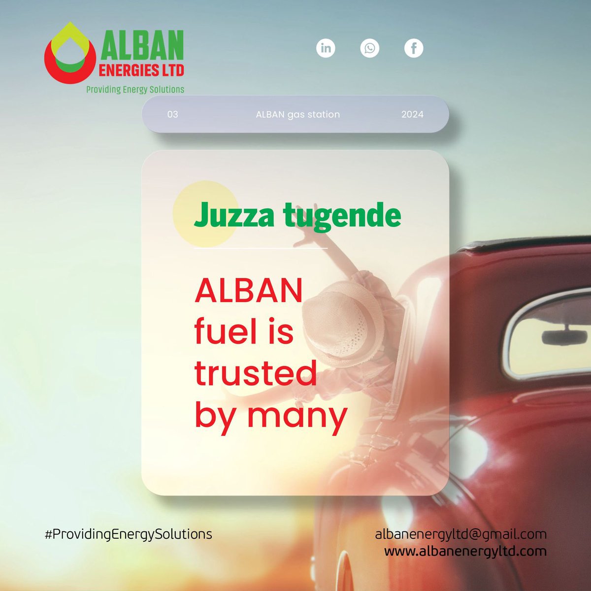 JUZZA KU ALBAN 💃🏾👌

Fuel up to full tank capacity with us at any time for a top notch engine performance as you travel to those nice destinations.

We are always ready 24/7 at any of our branches to get you sorted excellently .

#albanenergies 
#juzzakualban