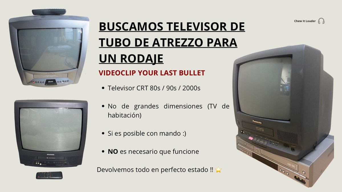 Hola! 🎬

Estamos buscando un televisor de tubo de atrezzo para el rodaje de Chew it Louder, el nuevo videoclip de la banda Your Last Bullet

Si tienes uno y estás dispuesto a prestarlo, escríbenos ! 

Nos comprometemos a devolverlo en perfecto estado

Muchas gracias 🖤🎥