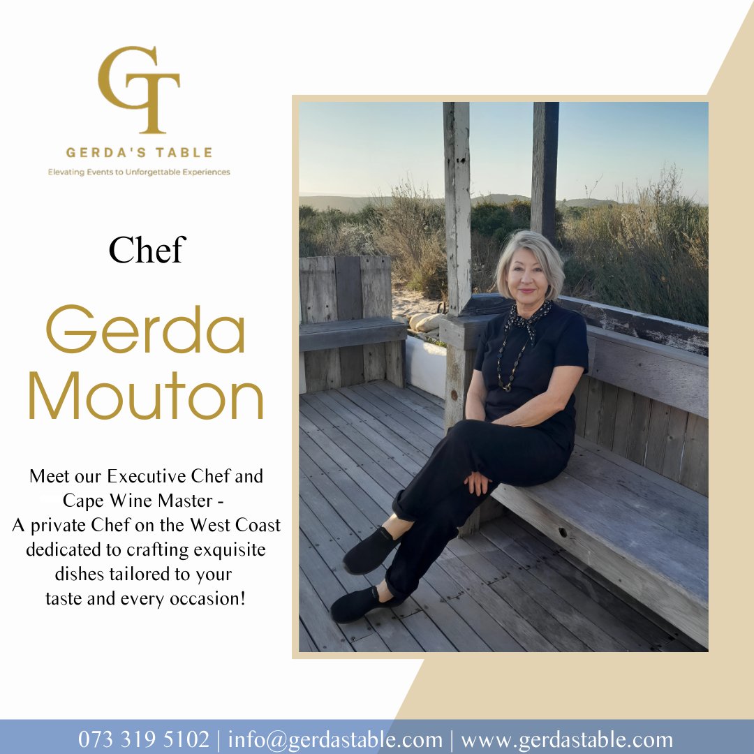 🎉 Meet Gerda Mouton, our talented Chef and Cape Wine Master! 🍷👩‍🍳 Based on the stunning West Coast, she's dedicated to creating exquisite dishes for any occasion. Let's raise a glass to great food and good company! Cheers! 🥂✨ #PrivateChef #CulinaryDelight #WestCoastEats