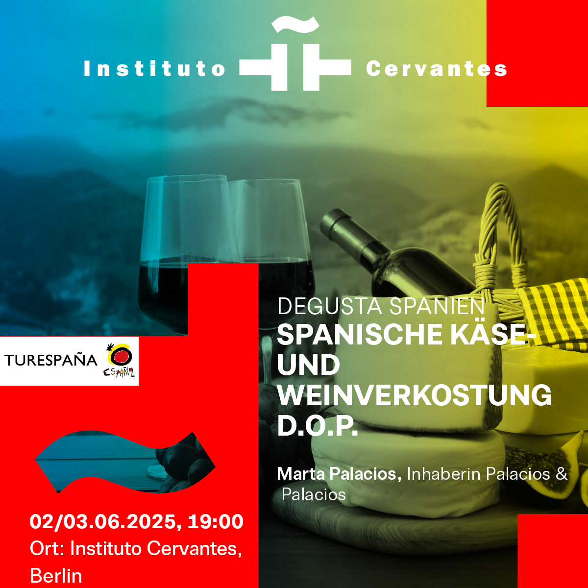 Degusta Spanien - Spanische Käse und Weinverkostung mit Marta Palacios

📆 02-03.06.2025 19:00
📍 Instituto Cervantes
🗣  Simultanübersetzung Spanisch-Deutsch-Spanisch
💵 Eintritt: 5€
🎟  Begrenzte Plätze / Anmeldung erforderlich:  eventbrite.es/e/degusta-span…