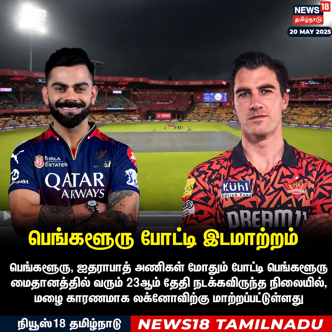 News18TamilNadu's tweet photo. பெங்களூரு போட்டி இடமாற்றம்
பெங்களூரு, ஐதராபாத் ��ணிகள் மோதும் போட்டி பெங்களூரு மைதானத்தில் வரும் 23ஆம் தேதி நடக்கவிருந்த நிலையில், மழை காரணமாக லக்னோவிற்கு மாற்றப்பட்டுள்ளது
#RCBvsSRH #luknow #IPL #News18Tamilnadu | https://t.co/3v5L32pLWJ https://t.co/E9UbXJPpKB