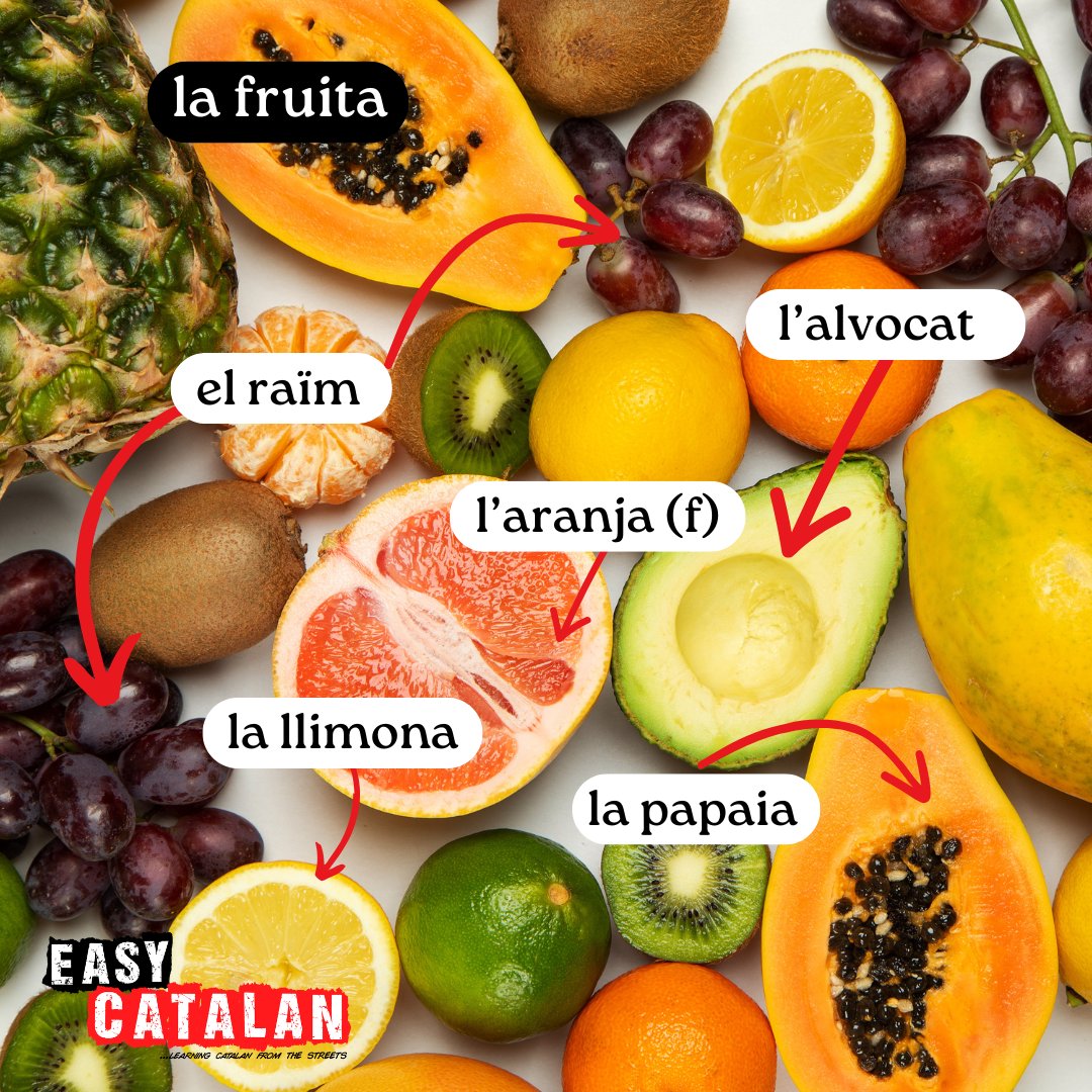 Quina fruita menges més sovint? 🍐🍓🍇

VOCABULARI 📝

la fruita / fruta / fruit
el raïm / uvas / grapes
l'alvocat / aguacate / avocado
l'aranja / pomelo / grapefruit
la llimona / limón / lemon
la papaia / papaya / papaya