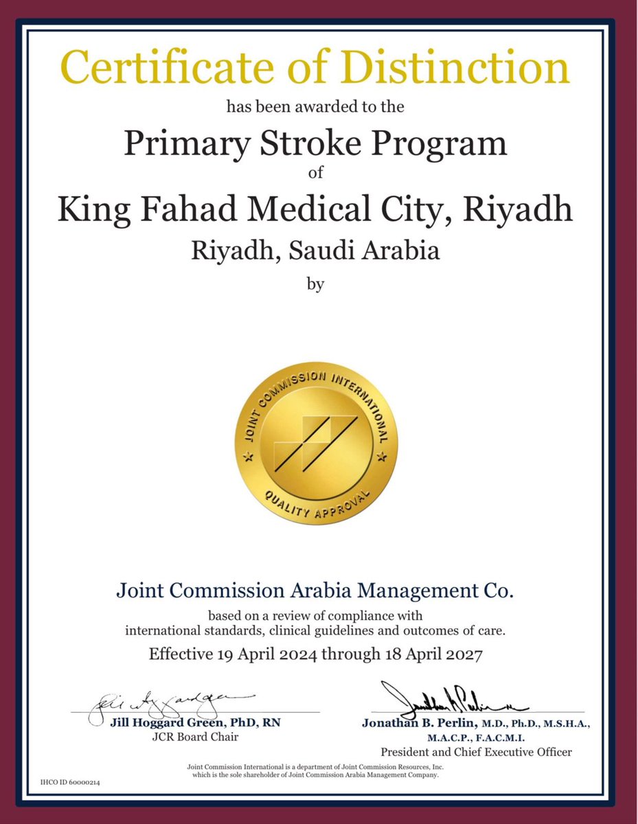 نفخر في #تجمع_الرياض_الصحي_الثاني بحصول برنامج الجلطات الدماغية في #مدينة_الملك_فهد_الطبية على شهادة التميز من Joint Commission Arabia، تأكيدًا على جودة الرعاية وتميّز الخدمات المقدمة للمستفيدين

We are proud of #King_Fahad_Medical_City , for earning the Certificate of