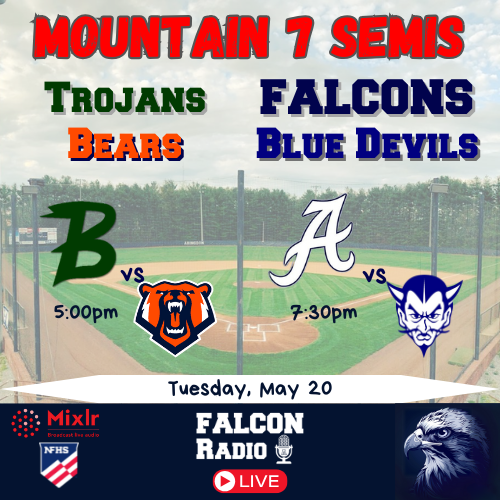 Abingdon Falcon Radio Network (@radioabingdon) on Twitter photo ⚾️ M7 Semi Finals
500- <a href="/BattleBaseball1/">BattleBaseball ⚾️</a> v <a href="/UnionBaseball/">Union Bears Baseball</a>
730- <a href="/AtownBSBL/">AHSFalconsBaseball</a> v <a href="/GateCity_BSBL/">Gate City Blue Devil Baseball</a>
📌Falcon Park 📆 Tues 5/20
🎙Mixlr: falconradio.mixlr.com
📺 NFHS Network: tinyurl.com/AbingdonNFHS ⚾️ M7 Semi Finals
500- <a href="/BattleBaseball1/">BattleBaseball ⚾️</a> v <a href="/UnionBaseball/">Union Bears Baseball</a>
730- <a href="/AtownBSBL/">AHSFalconsBaseball</a> v <a href="/GateCity_BSBL/">Gate City Blue Devil Baseball</a>
📌Falcon Park 📆 Tues 5/20
🎙Mixlr: falconradio.mixlr.com
📺 NFHS Network: tinyurl.com/AbingdonNFHS
