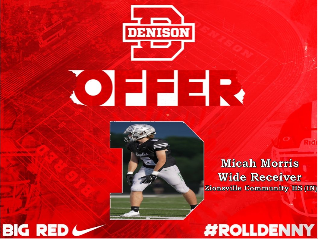 Micah Morris (@micahmorris_17) on Twitter photo After a great phone call last night with <a href="/coachhatem/">Jack Hatem</a> I am extremely blessed to receive my 3rd offer from Denison University!!
<a href="/coachjo51/">Jovon Johnson</a> <a href="/CoachTurnquist/">Scott</a> <a href="/ZVille_Strength/">Zionsville S&C</a> <a href="/ZVFB_video/">Z'Ville Football Video</a> <a href="/JoelJanak/">Joel Janak</a> <a href="/ZionsvilleFB/">Zionsville Football</a> <a href="/ZABCFundraiser/">Zionsville Athletic Booster Club</a> <a href="/RBsCoachBodkin/">Zionsville Running Backs</a> <a href="/TYHilton13/">TY Hilton</a> After a great phone call last night with <a href="/coachhatem/">Jack Hatem</a> I am extremely blessed to receive my 3rd offer from Denison University!!
<a href="/coachjo51/">Jovon Johnson</a> <a href="/CoachTurnquist/">Scott</a> <a href="/ZVille_Strength/">Zionsville S&C</a> <a href="/ZVFB_video/">Z'Ville Football Video</a> <a href="/JoelJanak/">Joel Janak</a> <a href="/ZionsvilleFB/">Zionsville Football</a> <a href="/ZABCFundraiser/">Zionsville Athletic Booster Club</a> <a href="/RBsCoachBodkin/">Zionsville Running Backs</a> <a href="/TYHilton13/">TY Hilton</a>