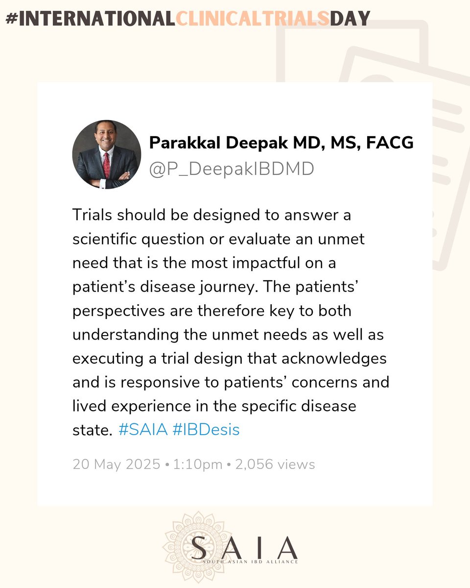 SAIA (@saia_ibd) on Twitter photo Happy #InternationalClinicalTrialsDay 💥
Hear from SAIA’s Board Member & Research Lead, <a href="/P_DeepakIBDMD/">Parakkal Deepak MD, MS, FACG</a> , on the importance of including the patient voice in clinical trials 🙌🏽
We at SAIA are proud to do our part to build truly patient-centric trials in the #IBD & #GI space 🙏🏽 Happy #InternationalClinicalTrialsDay 💥
Hear from SAIA’s Board Member & Research Lead, <a href="/P_DeepakIBDMD/">Parakkal Deepak MD, MS, FACG</a> , on the importance of including the patient voice in clinical trials 🙌🏽
We at SAIA are proud to do our part to build truly patient-centric trials in the #IBD & #GI space 🙏🏽