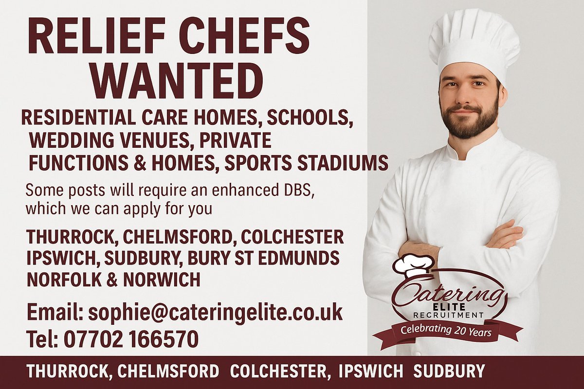 🔥 NOW HIRING: RELIEF CHEFS 🔥
Thurrock | Chelmsford | Colchester | Ipswich | Sudbury | Bury St Edmunds | Norfolk | Norwich &amp; Surrounding Areas
Are you a talented chef looking for flexible work and exciting venues?
We’re on the lookout for experienced relief chefs to join our