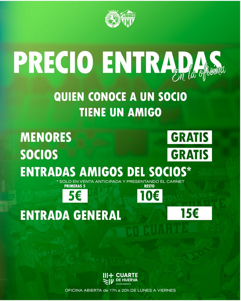 📢 ¡Quien conoce a un socio, tiene un amigo!

🗓 Domingo 25 de mayo
🕛 12:00 h
📍 Campo Municipal Juan Guerrero "El Lobo"
⚽ CD Cuarte 🆚 Atlético de Monzón
🎯 Vuelta de semifinales - Playoffs de Ascenso

💚 ¡Os necesitamos, afición! ¡Contamos contigo en la grada! 💚#AupaCuarte