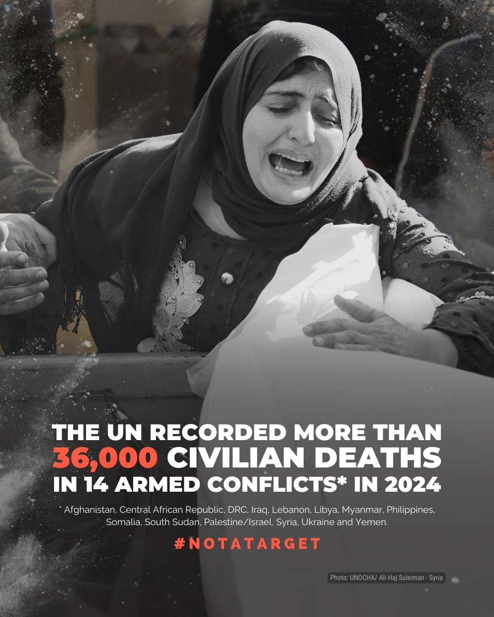 UNOCHA's tweet photo. Over 120 armed conflicts raged in 2024.

Their toll on civilians was immense:
🔴 Death, injury, destruction
🔴 Torture, sexual violence, disappearance
🔴 Loss of medicine, food, water, shelter

We renew our urgent call: Protect civilians. Respect the rules of war.

#NotATarget https://t.co/Eidk8ysbVa