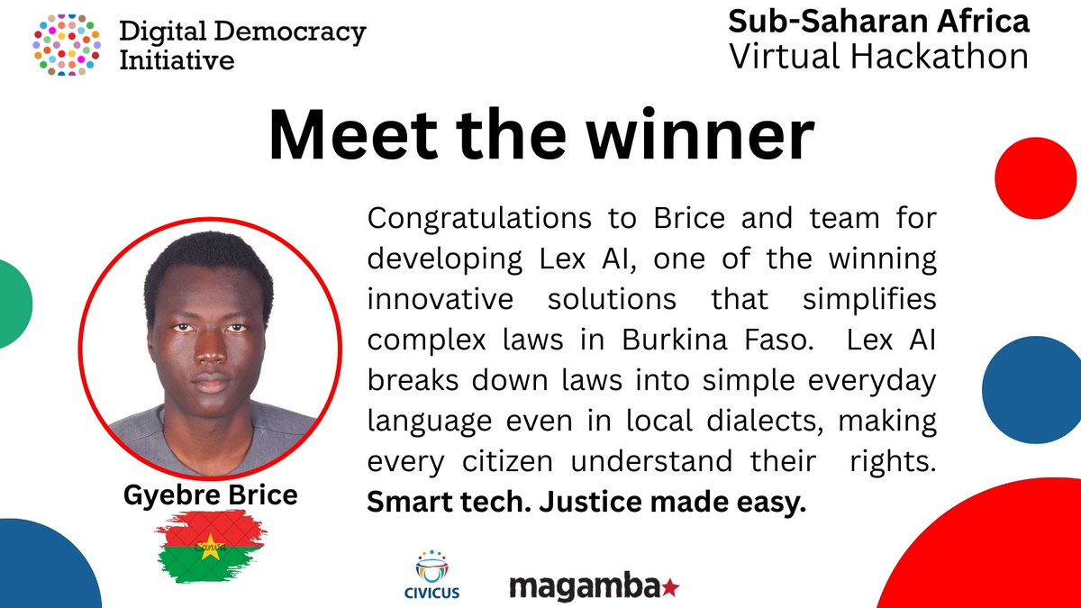MagambaNetwork's tweet photo. We are thrilled to announce our hackathon winners. Among them is Gyebre Brice and his team whose solution breaks down complex law into simple language. 

Justice made simple!🧑🏿‍💻
#Hack4Democracy https://t.co/xAg9n14Z75