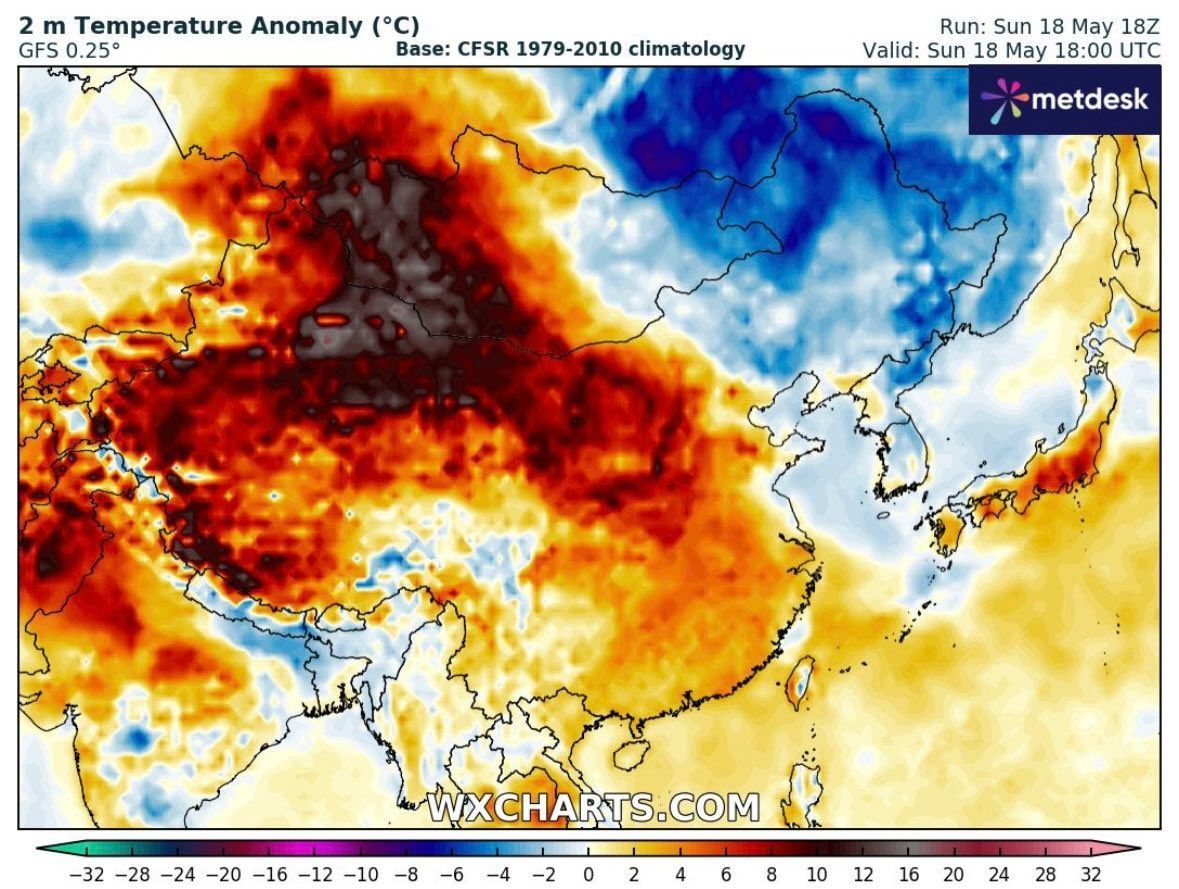 Unbelievable heat anomaly unfolding across China — vast regions up to 16°C above normal for this time of year. The climate crisis isn’t future tense — it’s now. 

Urgent action is needed. 2050 targets are too late. #ActOnClimate

#ClimateCrisis #Heatwave via <a href="/PGDynes/">Peter Dynes</a>