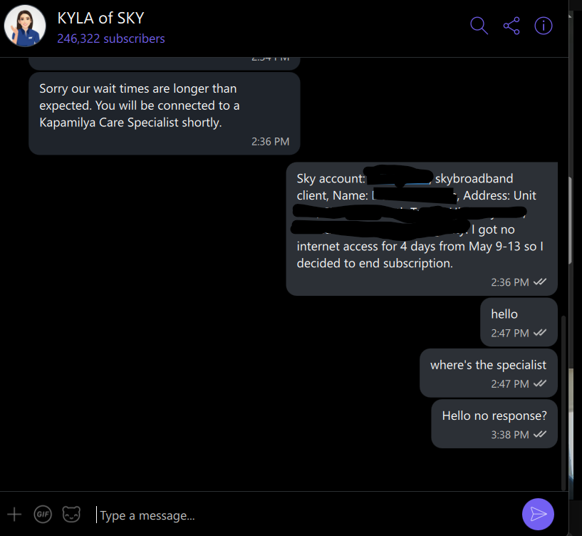 cryptoph7's tweet photo. @SKYserves , no response even their Bot froze upon learning I am stopping my skycable broadband subscription #skycable #abscbn https://t.co/9KcSnjoiws