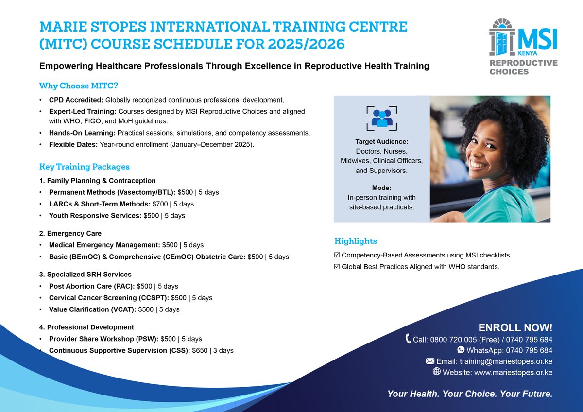 Advance Your Skills in Reproductive Health with Marie Stopes International Training Centre (MITC).

We’re excited to share our 2025/2026 course schedule, whether you’re a doctor, nurse, clinical officer, or midwife — our hands-on, in-person courses are designed to build