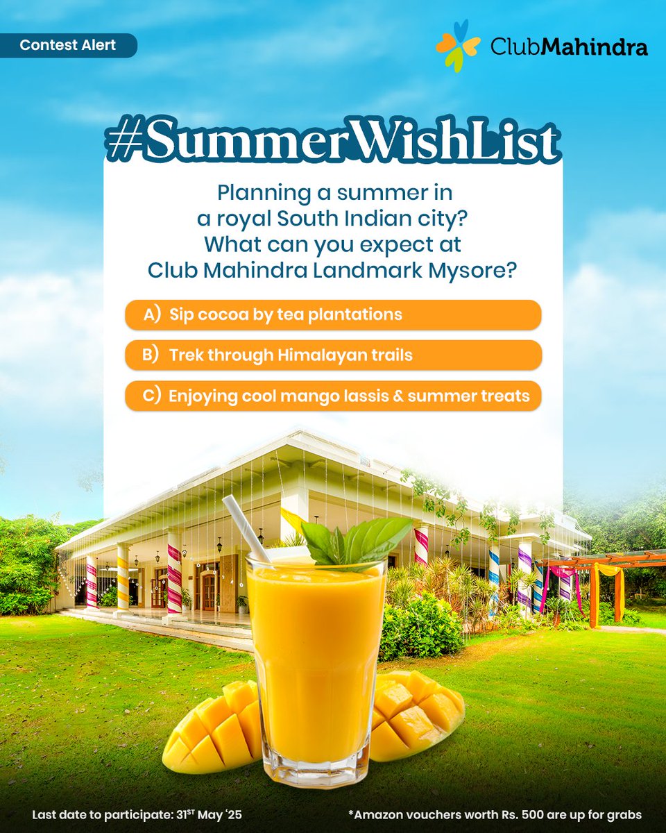 Club Mahindra (@clubmahindra) on Twitter photo #ContestAlert 5 of 15
Participate in all #SummerWishList
STEPS
1) Comment below with your answer using #SummerWishList and #ClubMahindra.
Don’t forget to tag <a href="/clubmahindra/">Club Mahindra</a> and four of your friends – it’s mandatory!
2) Participate in all 15 contest posts. Winners get Amazon #ContestAlert 5 of 15
Participate in all #SummerWishList
STEPS
1) Comment below with your answer using #SummerWishList and #ClubMahindra.
Don’t forget to tag <a href="/clubmahindra/">Club Mahindra</a> and four of your friends – it’s mandatory!
2) Participate in all 15 contest posts. Winners get Amazon
