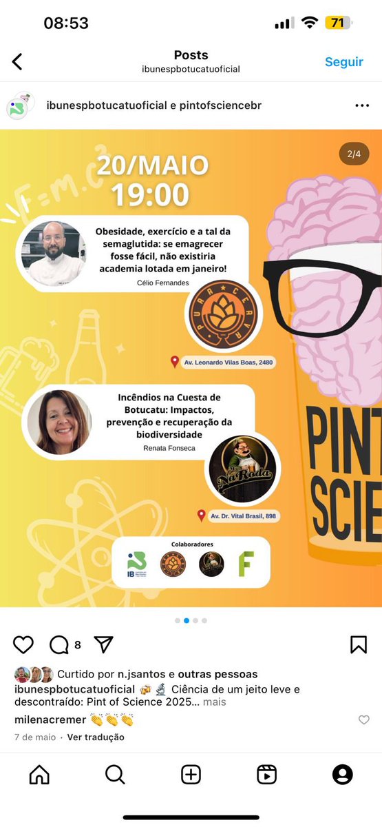 Hoje teremos o nosso pós-doc Célio Fernandes no #PintofScience em #Botucatu, falando sobre obesidade, exercício físico e #semaglutida. O evento será no bar Santa Cerva às 19 h. Estão convidados! <a href="/Unesp_Oficial/">UNESP</a> <a href="/pintofscienceBR/">Pint of Science BR</a>