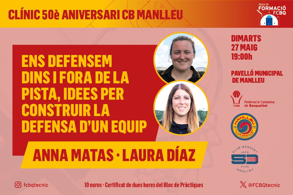 FORMACIÓ CONTINUADA I 🏀 Clínic d’Anna Matas i Laura Díaz a Manlleu. “Ens defensem dintre i fora de la pista, idees per construir la defensa d’un equip”. basquetcatala.cat/noticies/11321