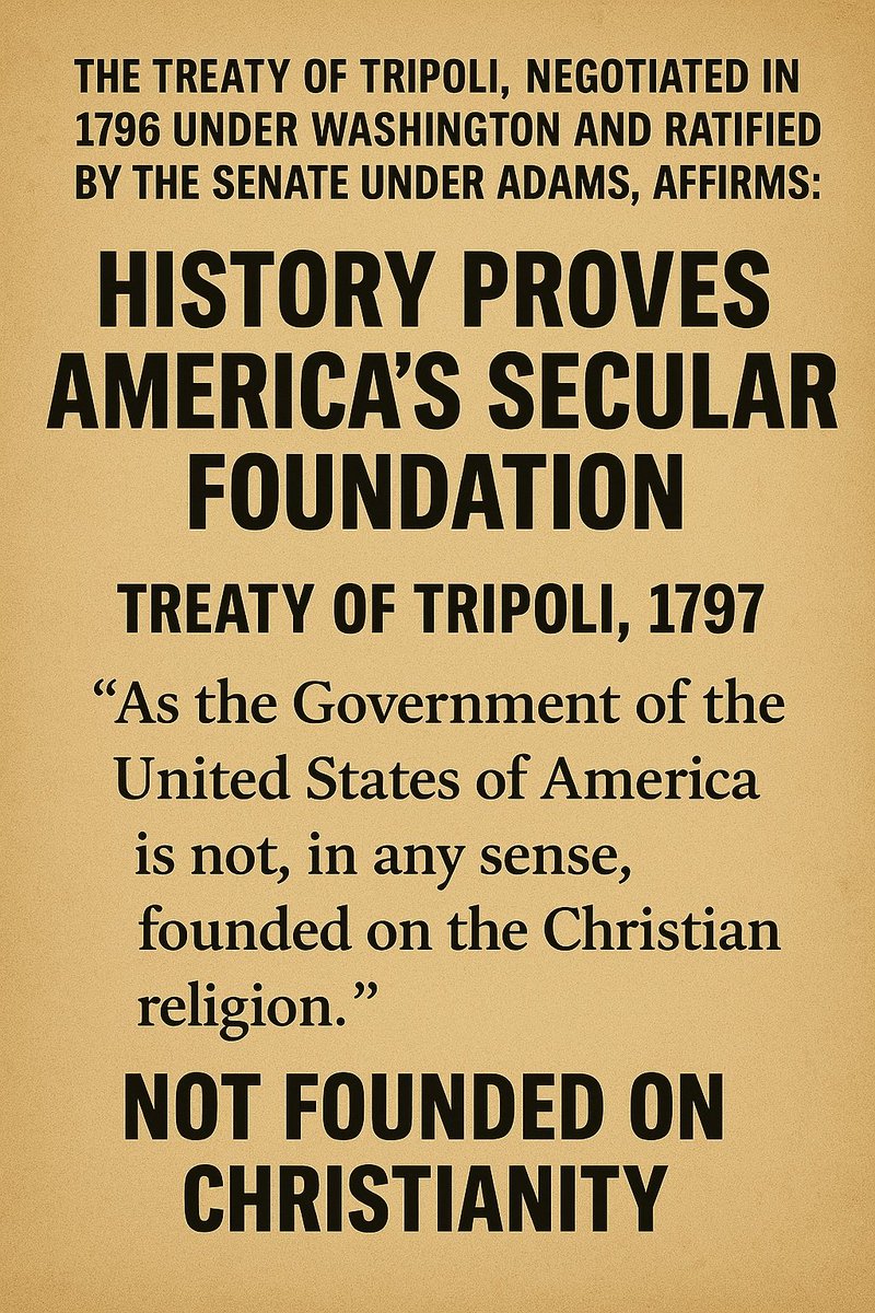 TheVV_USA's tweet photo. The U.S. was *not* founded on Christianity—our history proves it.
The Treaty of Tripoli made it clear in 1797: America was built on secular principles, not religious rule. #DoubleV #SecularAmerica #ChurchStateSeparation" https://t.co/AhyIr3D9WM