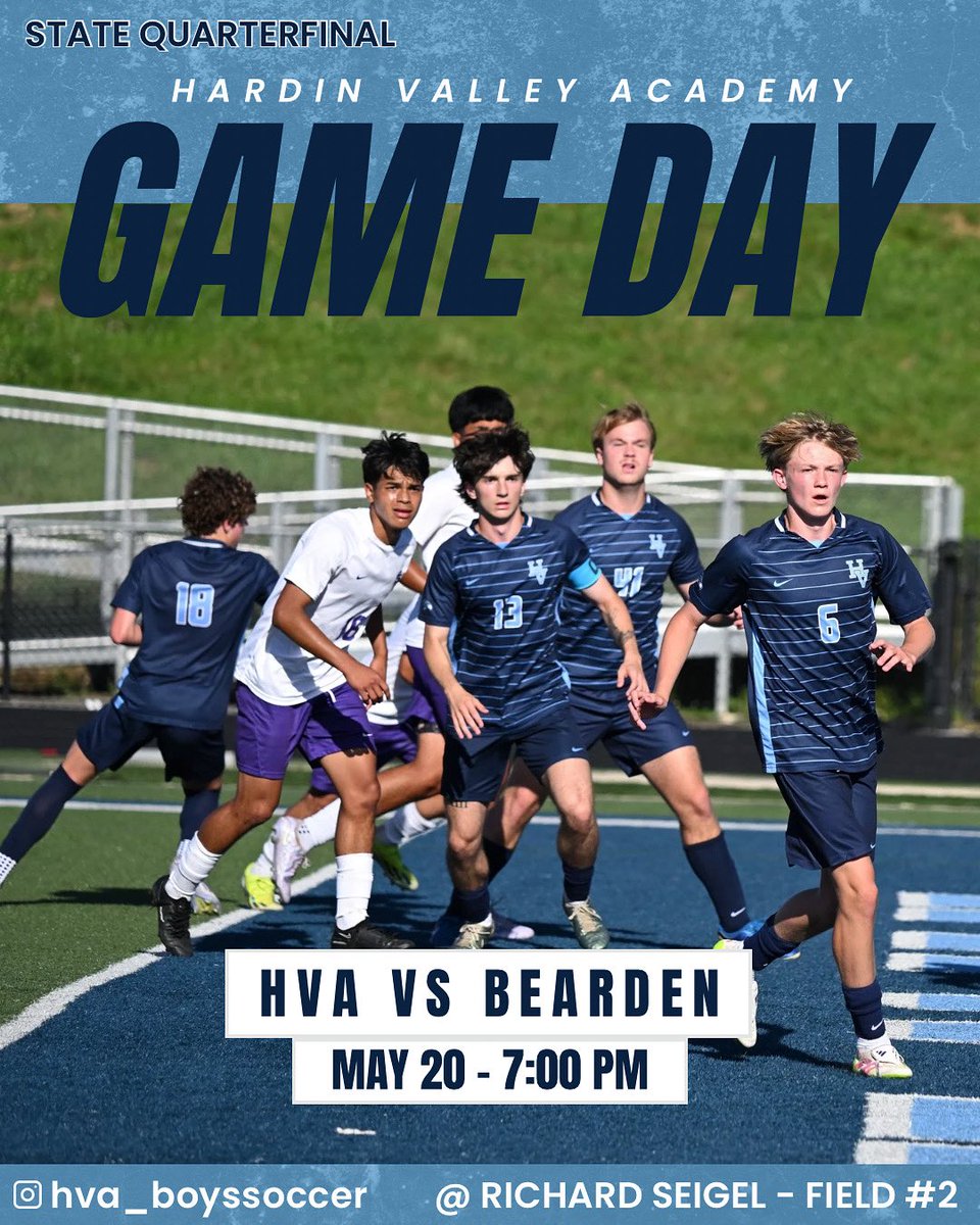 Hardin Valley Academy Boys Soccer (@hva_boyssoccer) on Twitter photo It’s GAME DAY!! ⚽️
Our Hawks hit the road to Murfreesboro for state quarterfinals to take on Bearden!
Kickoff at 7pm!!
👀 YOU there!
#GoHawks #state #boyssoccer #family
<a href="/HVAHawks/">Hardin Valley Academy</a> <a href="/HVAAthletics/">Hardin Valley Athletics</a> @gosoccerdawgs @watesports <a href="/prepxtra/">PrepXtra</a> @5starpreps <a href="/HVA_SC/">HVA Student Council</a> @HVA_AD_Hawks <a href="/MaxPreps/">MaxPreps</a> It’s GAME DAY!! ⚽️
Our Hawks hit the road to Murfreesboro for state quarterfinals to take on Bearden!
Kickoff at 7pm!!
👀 YOU there!
#GoHawks #state #boyssoccer #family
<a href="/HVAHawks/">Hardin Valley Academy</a> <a href="/HVAAthletics/">Hardin Valley Athletics</a> @gosoccerdawgs @watesports <a href="/prepxtra/">PrepXtra</a> @5starpreps <a href="/HVA_SC/">HVA Student Council</a> @HVA_AD_Hawks <a href="/MaxPreps/">MaxPreps</a>