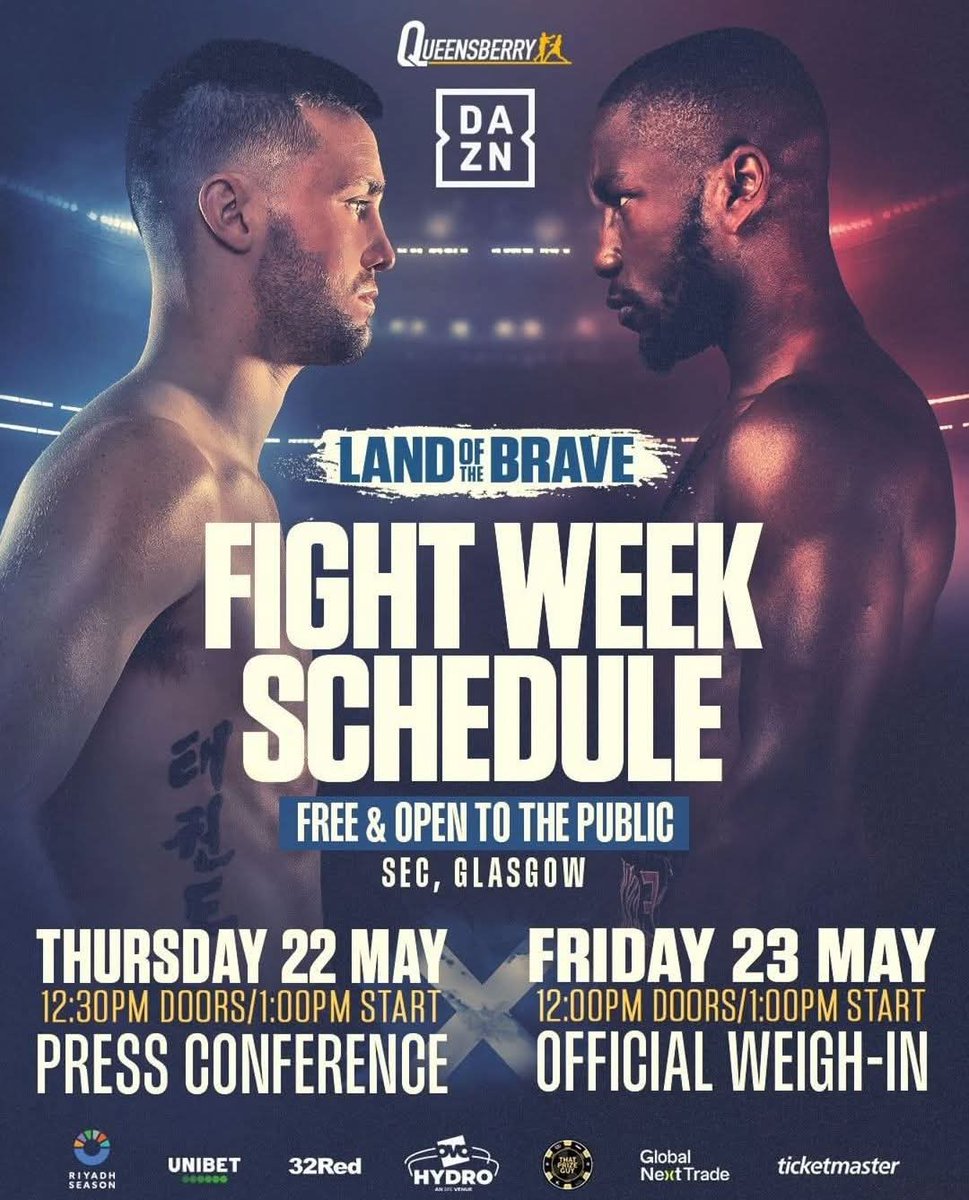 Fight Week Schedule 🔥

Busy week ahead for the boxers as we edge closer to 'Land of the Brave.' 🏴󠁧󠁢󠁳󠁣󠁴󠁿

We are well represented at the OVO Hydro this Saturday.⤵️

● Collins 🆚️ McGregor 
● Jamieson 🆚️ Aloys Jr 
● Marcus Sutherland 
● Lee Welsh 

A huge few days ahead...👊