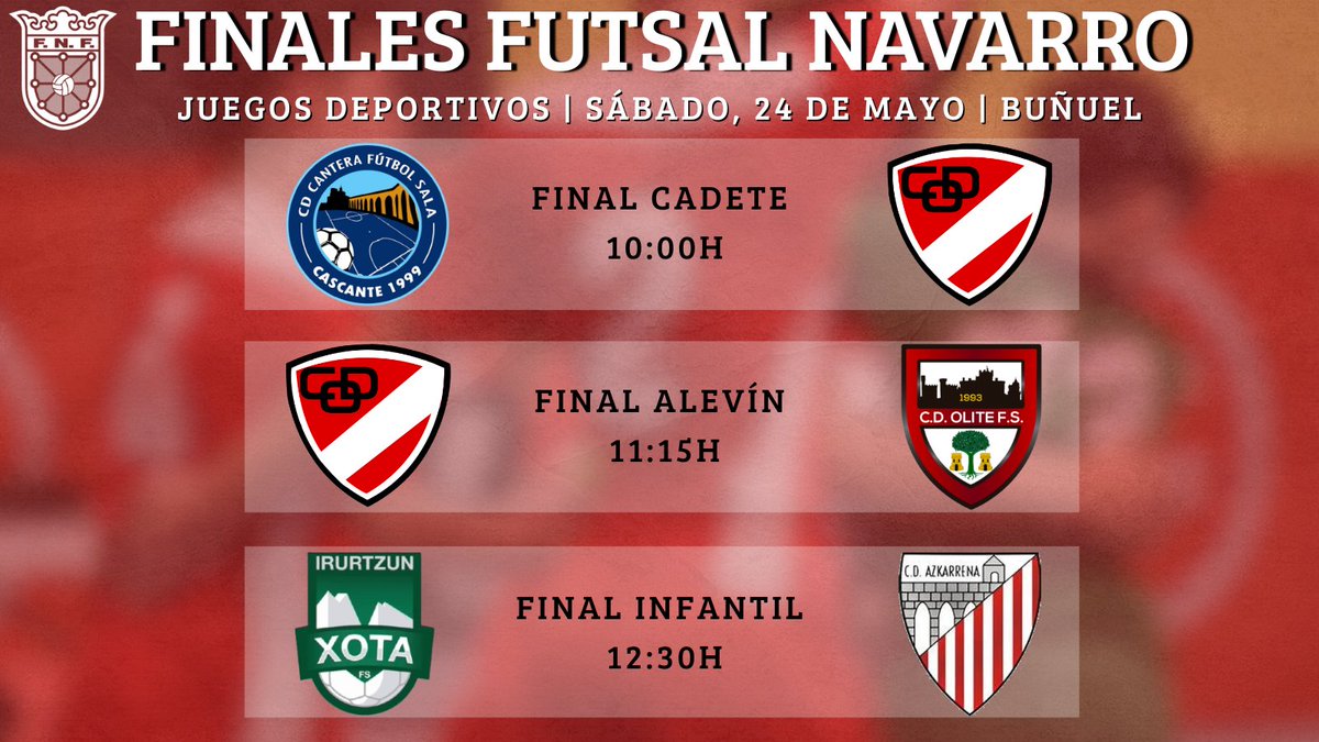fedfutnavarra's tweet photo. 🏆 Buñuel acogerá tres finales de #Copa de la base del  #FutsalNavarro:

🕙 10:00
⚽️ @CDCanteraFS 🆚 @cdorvina 

🕚 11:15
⚽️ @cdorvina 🆚 @olitefs 

🕧 12:30
⚽️ @CDXOTA 🆚 #Azkarrena

🏟️ Pol. Mpal. Buñuel

📺 Se emitirá, EN DIRECTO, a través del Canal de YouTube de #FNF. https://t.co/nf1ra6zMlP