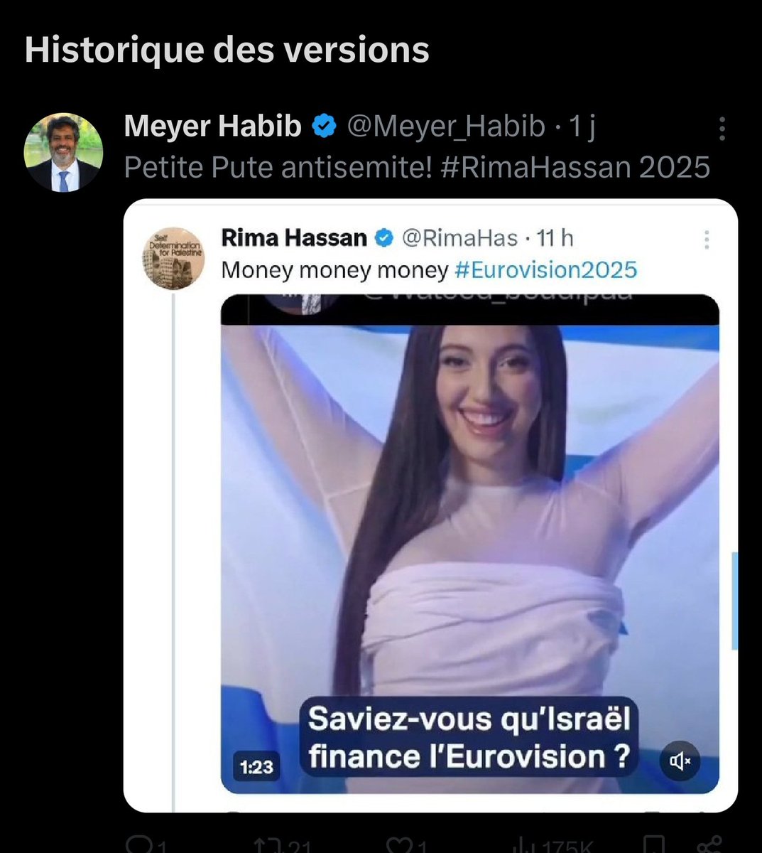 1ere version du tweet de cette sous ***** de <a href="/Meyer_Habib/">Meyer Habib</a> .

En plus d'être un sale ****** il n'assume rien bien sûr.

Total soutien à <a href="/RimaHas/">Rima Hassan</a> .