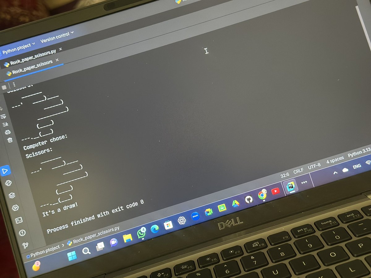 Shamshad_Gh786's tweet image. 🚀 Just coded a classic Rock-Paper-Scissors game in Python!
🪨📄✂️ Includes ASCII art, input validation, and random computer moves.
Perfect for beginners to practice conditionals & randomness.👌
#Python #Coding #BeginnersCode
@a_daneshyar
@CodeToInspire
@f_forough
