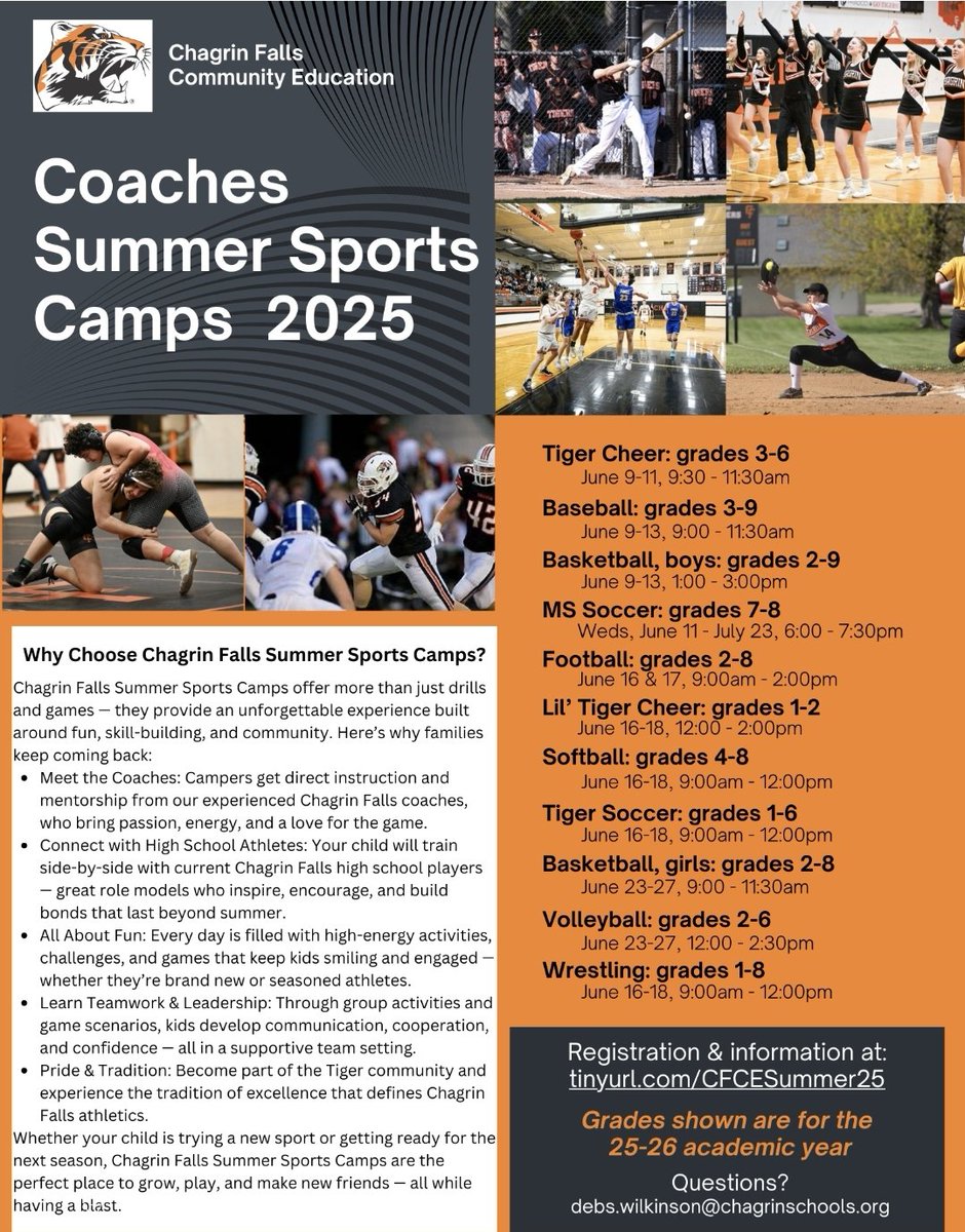 Little Tiger Football Camp
June 16 &amp; 17
Entering Grades 2-8
Register: tinyurl.com/CFCESummer25