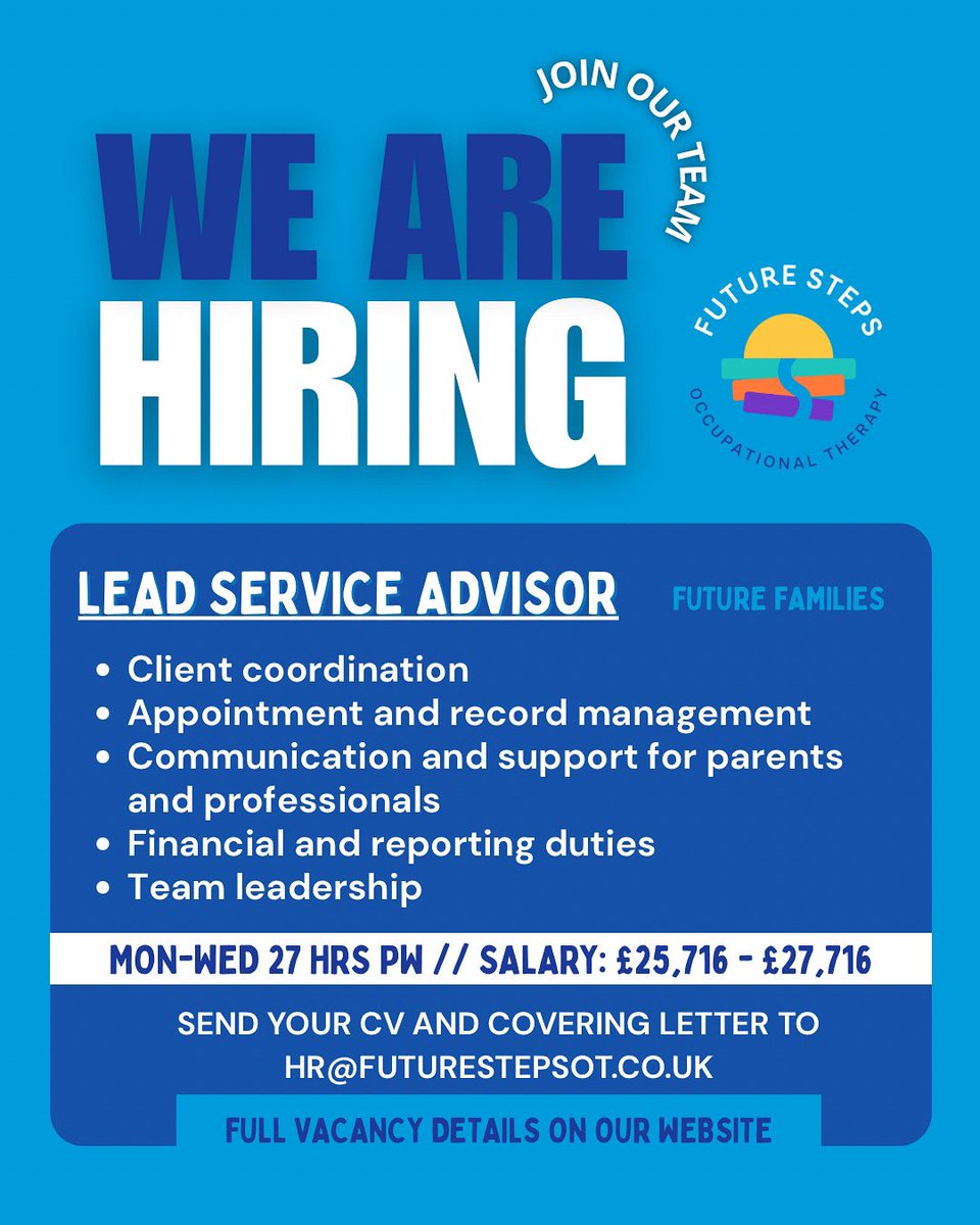 🚨 We’re on the lookout for a Lead Service Advisor to join our lovely team! 💼💬

Send us your cv and cover letter or check out the full vacancy post on our website 📩✨

futurestepsot.co.uk/careers

#JoinOurTeam #JobOpportunity #FutureStepsOccupationalTherapy #NorthEastJobs