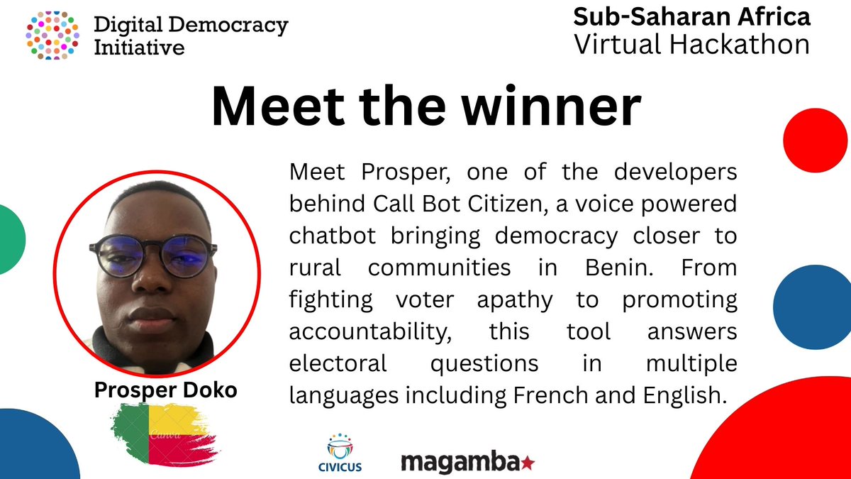 MagambaNetwork's tweet photo. Meet Prosper Doko. His team developed a solution that lets you access critical information by simply making a call. 

Amazing work team for developing tech that meets people where they are. 🔥
#Hack4Democracy https://t.co/1L2L5ppaB8