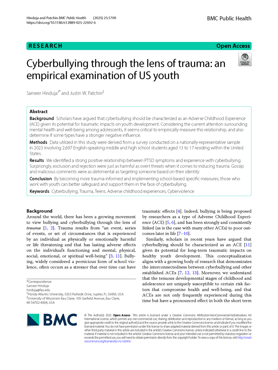 New research alert! We identify a strong link between 18 forms of online aggression and PTSD among US teens. Minor forms of online harm (e.g., exclusion) were as traumatic as major online attacks (e.g., threats). Here's what platforms &amp; schools should do: cyberbullying.org/online-aggress…