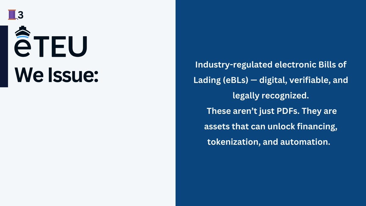 eteutech's tweet photo. 3/ We issue industry-regulated electronic Bills of Lading (#eBLs) — digital, verifiable, and legally recognized.
These aren’t just PDFs. They are assets that can unlock financing, tokenization, and automation. https://t.co/HGxONZsD6i
