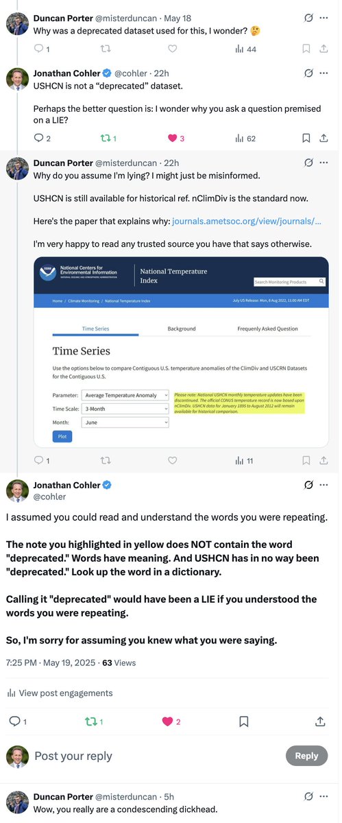 cohler's tweet photo. 🤡🤡 And another one bites the dust... 🤡🤡

Note: @misterduncan has been BLOCKED from these hallowed threads of truth for spreading more #ClimateLies as loyal foot soldier of the #ClimateScam.

As always, the hallmark of the #ClimateCult is  its swift descent into ad hominem once facts begin to corner them. 

Their mental illness is real. We don't mock it—but we must  stand firm against the willful deception they spread with such fanatic energy. What they push is not science—it is pure evil in rhetorical drag.