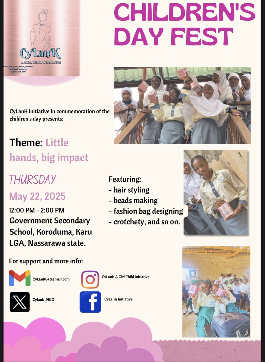 CyLanKNGO's tweet photo. Join Us for the Children’s Day Fest! 🎉

 Themed: “LITTLE HANDS, BIG IMPACT”.

Date: Thursday, May 22ND,2025.

Time: 12:00 PM to 2:00 PM.
Venue:  Government Secondary School, Koroduma, Karu LGA, Nassarawa State. https://t.co/EdlZfbcQxx