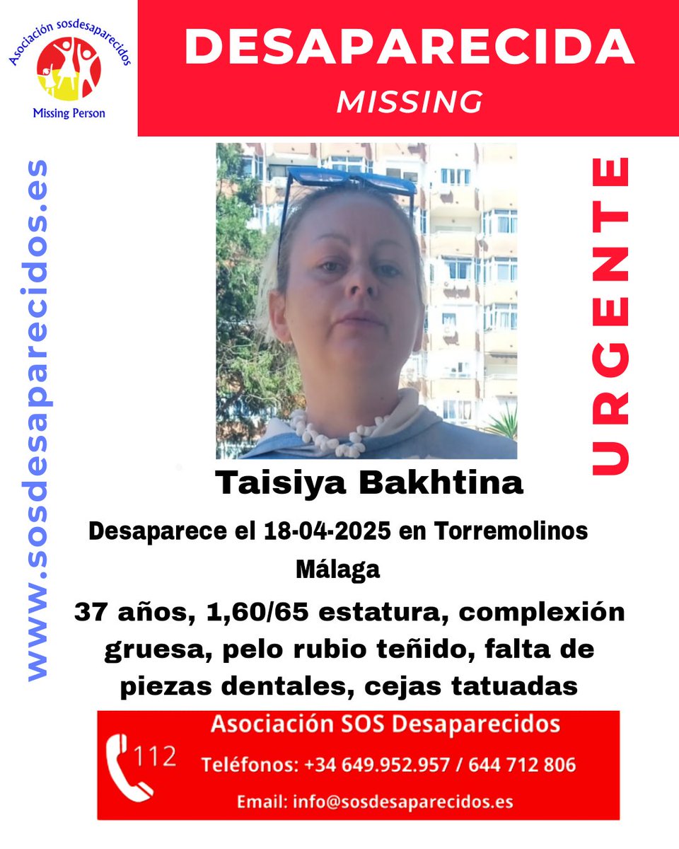 sosdesaparecido's tweet photo. 🆘 DESAPARECIDA
#sosdesaparecidos #Desaparecido #Missing #España #Torremolinos #Málaga
Fuente: sosdesaparecidos
Síguenos @sosdesaparecido https://t.co/gM2t1tVi7C