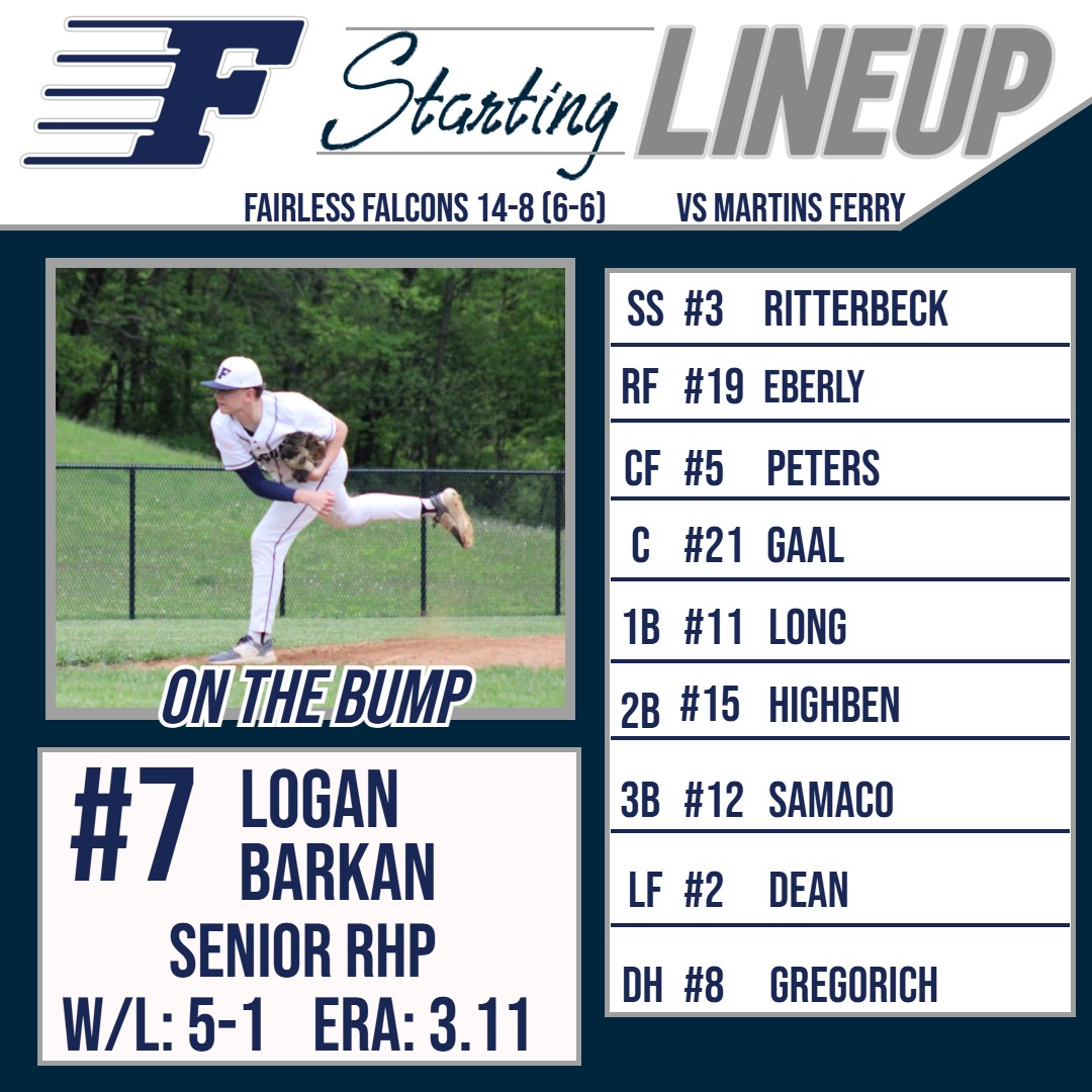 It's finally here, Game Day!!   The Falcons open up tournament play tonight in the sectional championship vs Martins Ferry.  Game will start at 5:00 PM with senior Logan Barkan on the mound.