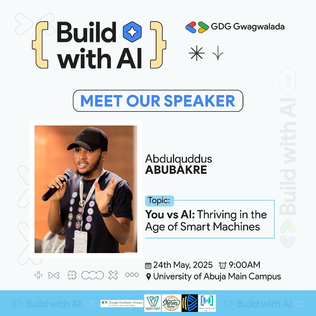 @ibn_abubakre will lead a session on Thriving in the Age of Smart Machines, covering AI's evolving landscape, its opportunities, and how to leverage smart technologies to stay ahead.

Register now: gdg.community.dev/e/myv5pe/

Don’t miss it!

#BuildWithAI
#BuildWithAIGwagwalada