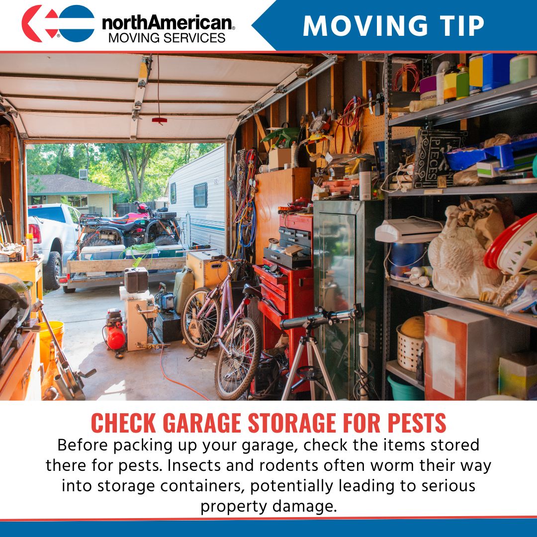 Boxes kept in your garage can become home to pests. Always check items stored there before loading them onto your moving van, to prevent insects and rodents from catching a free ride to your new home. #movingtip #moving #movingvan #home #house #newhome #movingday #spring