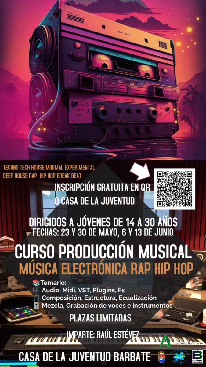 últimas plazas para el curso de Producción Musical
Curso gratuito para jóvenes de 14 a 30 años
 Solicitudes forms.gle/KuJ8szn51FmQaH…