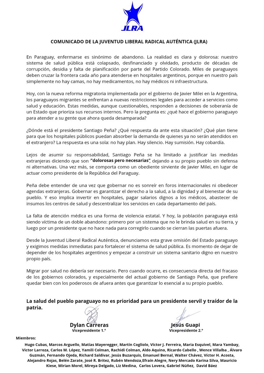 DylanCarreras_'s tweet photo. Comunicado de la @JLRAPy  sobre las medidas migratorias de @JMilei y la respuesta de @SantiPenap. 
@Santula @menchibarriocan @oscar_marandu @LuisBareiro @Francis970AM @Ferreiromario1 https://t.co/30E1l0MvR0