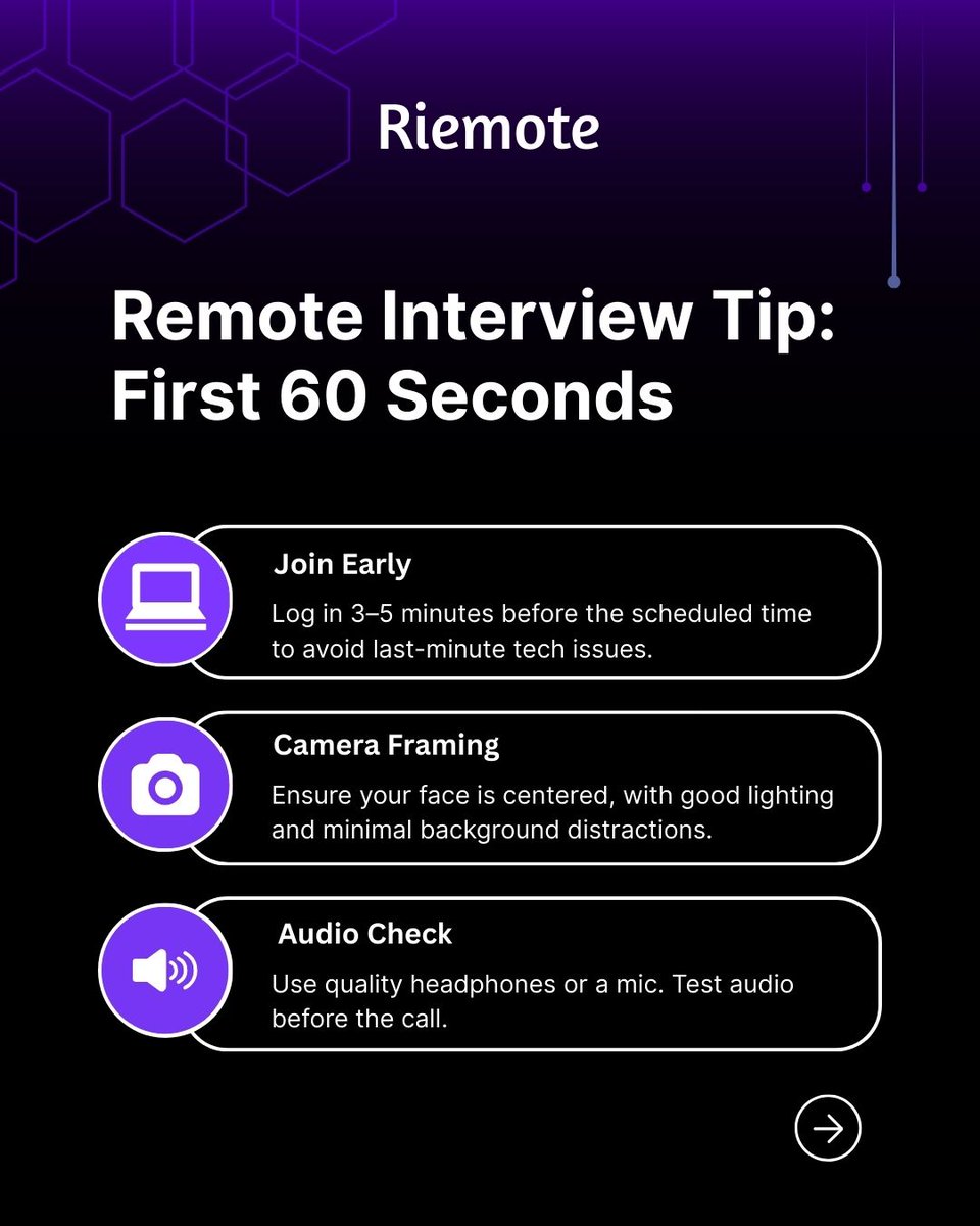 riemote_com's tweet photo. 🎥 Nail Your Remote Interview in the First 60 Seconds! 🕒
Make a lasting impression right from the start with these expert tips from Riemote📋💻

#RemoteInterview #JobTips #CareerGrowth #VirtualInterview #RiemoteReady #InterviewTips #WorkFromHome #RemoteWorkSuccess #Online. https://t.co/2Zn6RY8jm3